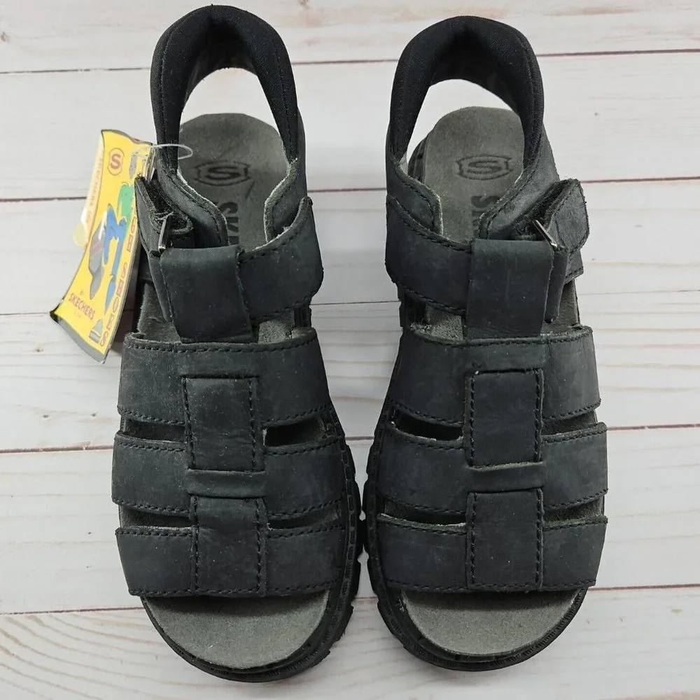 Skechers Youth Size 1 Black Chunky Leather‎ Sandals Platform Y2K 90s Grunge